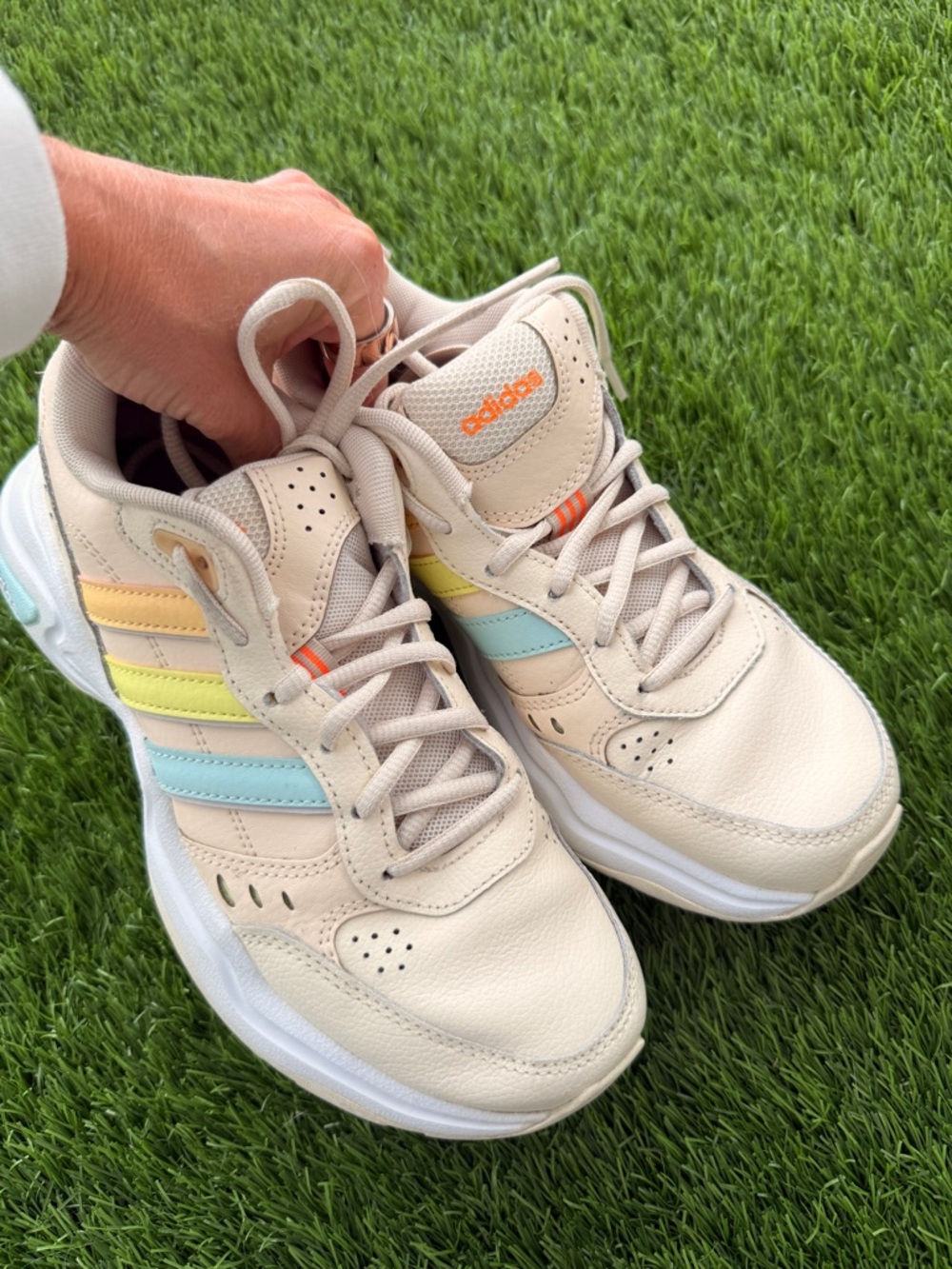 adidas Cream Leather Sneakers with Pastel Yellow & Light Blue Accents